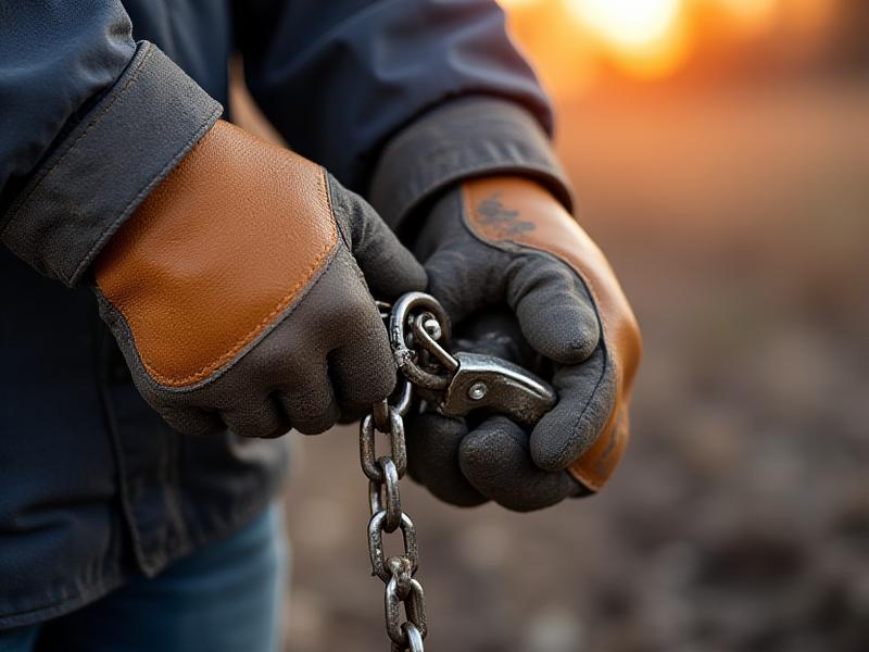 Professional truck driver expertly tightening transport chains