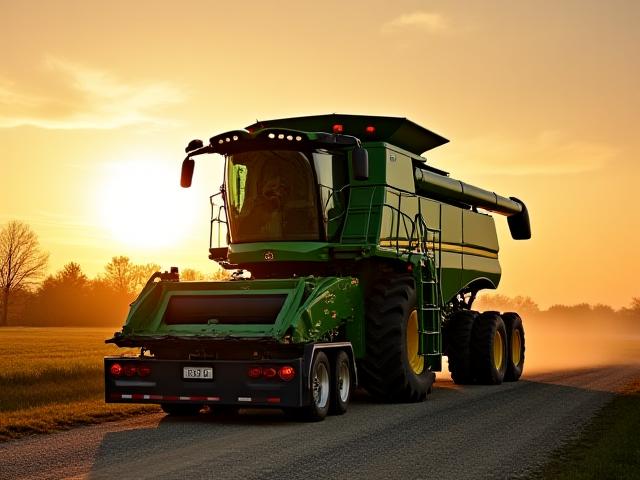 Massive agricultural combine harvester on an RGN trailer