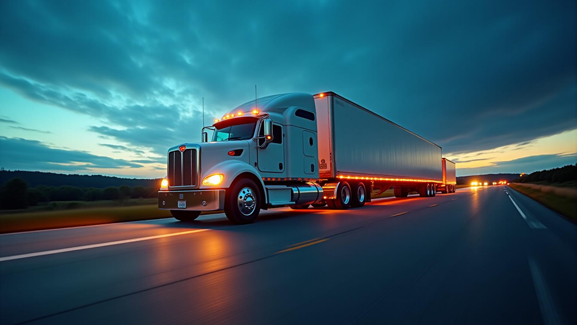 Expedited hot shot truck speeding down North Carolina highway at dusk